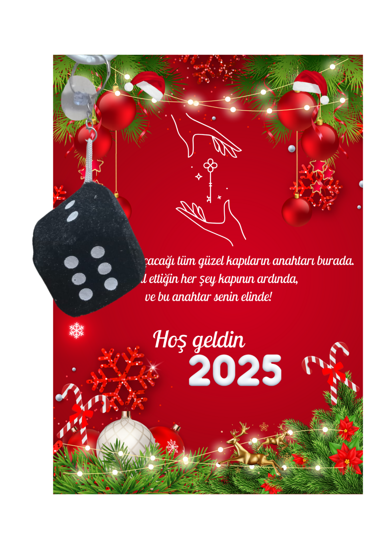 Yeni Yıl Geyik Kart Üzerinde Anahtarlık (Kişiye Özel Yazı Yazdırılabilir) Zar Model