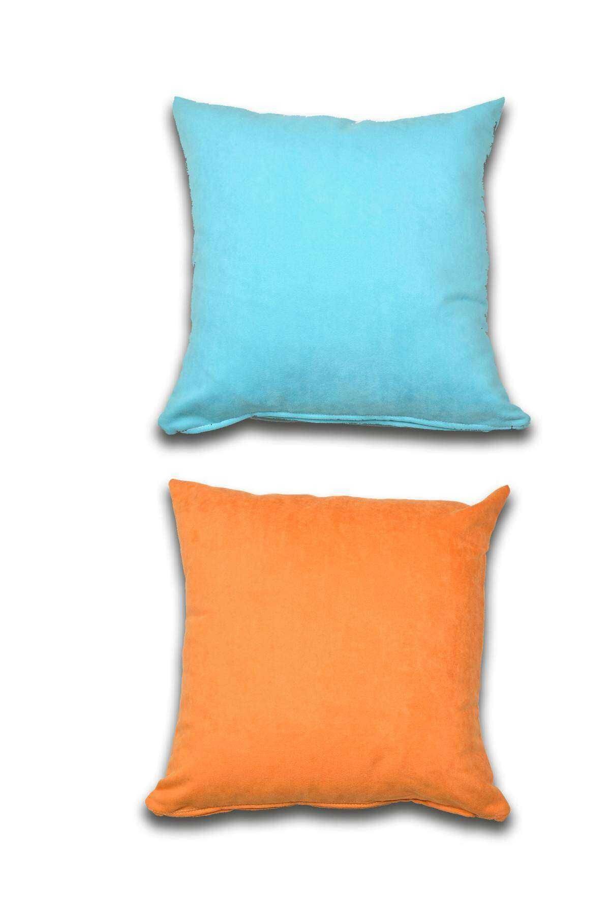 2 adet Süet Kırlent Minder Kılıfı 40X40cm Turquaz Turuncu
