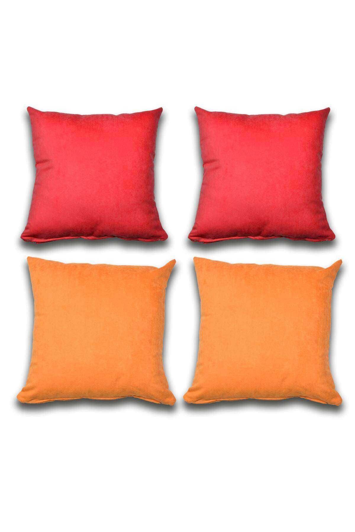 4 adet Süet Kırlent Minder Kılıfı 40X40cm Açık Kırmızı Turuncu