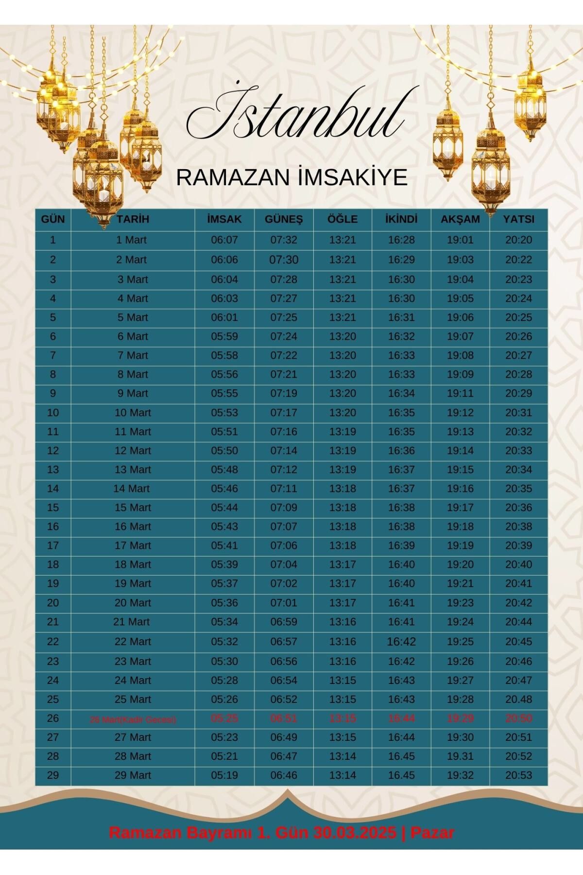 Ramazan İmsakiyesi Modern Kişiye Özel Tasarımlı Dijital Baskı 500 Adet A4 300 gr Model 31