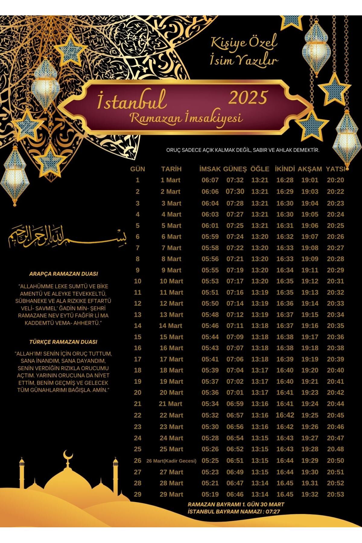 Ramazan İmsakiyesi Modern Kişiye Özel Tasarımlı Dijital Baskı 500 Adet A4 300 gr Model 40