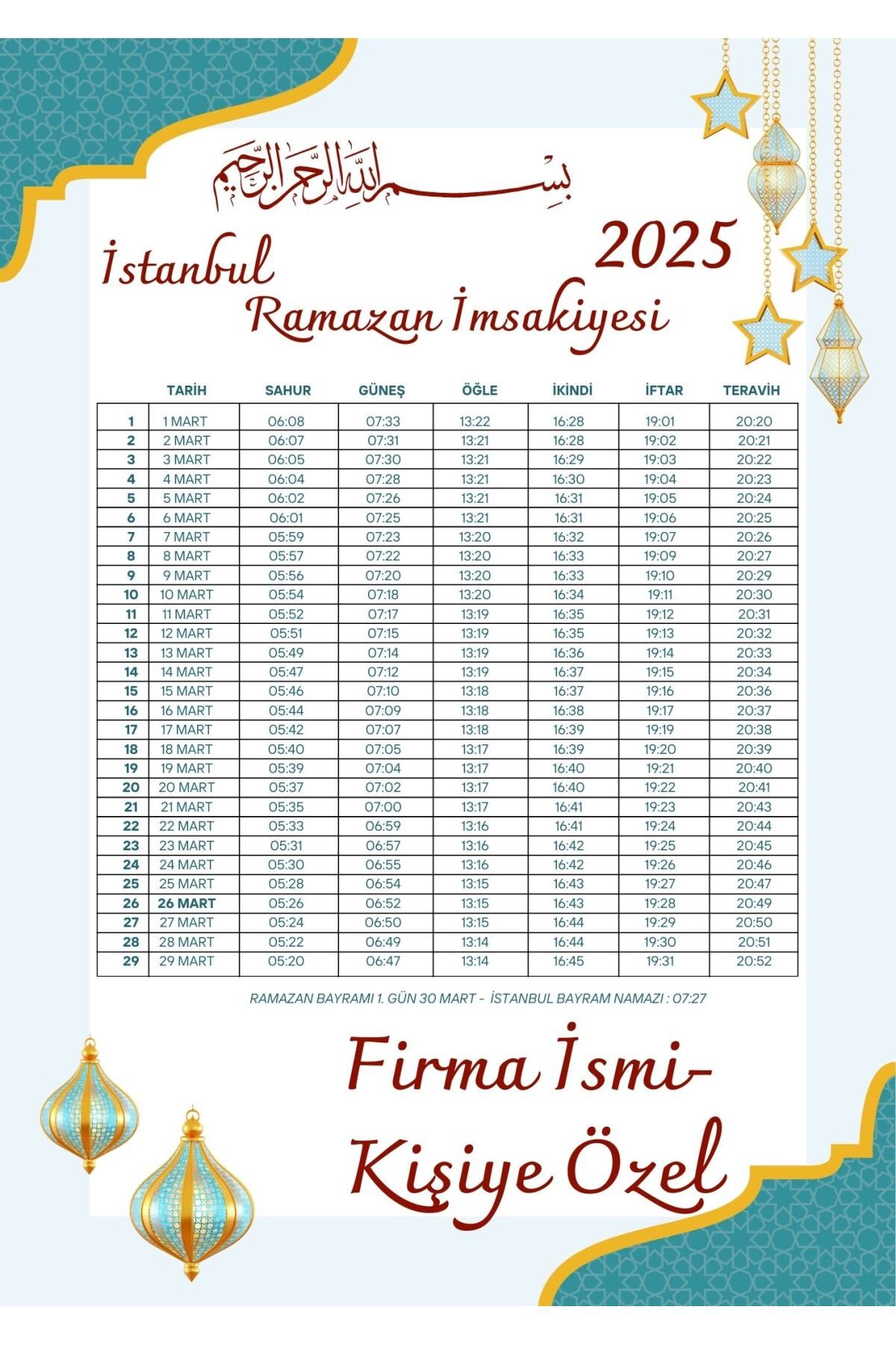 Ramazan İmsakiyesi Modern Kişiye Özel Tasarımlı Dijital Baskı 1000 Adet A4 300 gr Model 36