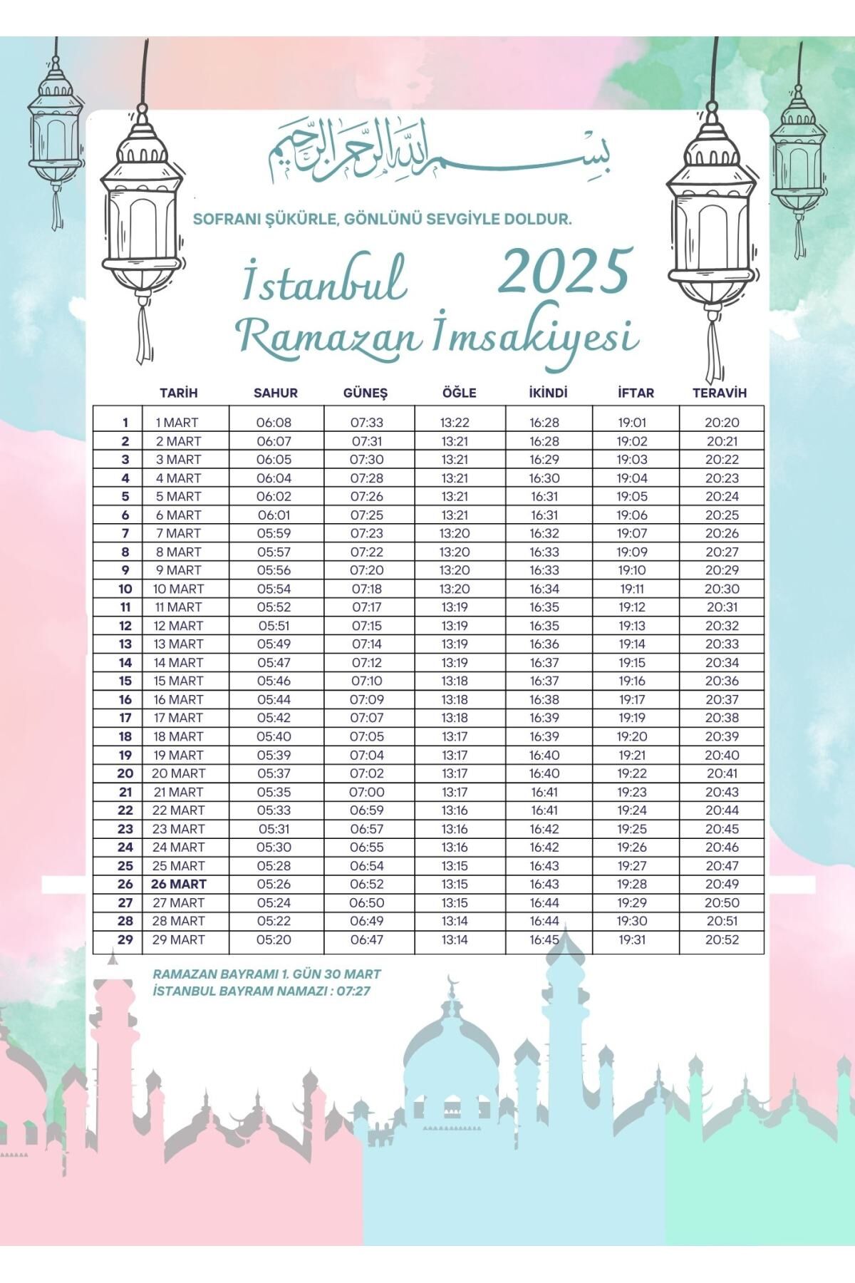 Ramazan İmsakiyesi Modern Kişiye Özel Tasarımlı Dijital Baskı 1000 Adet A4 300 gr Model 42