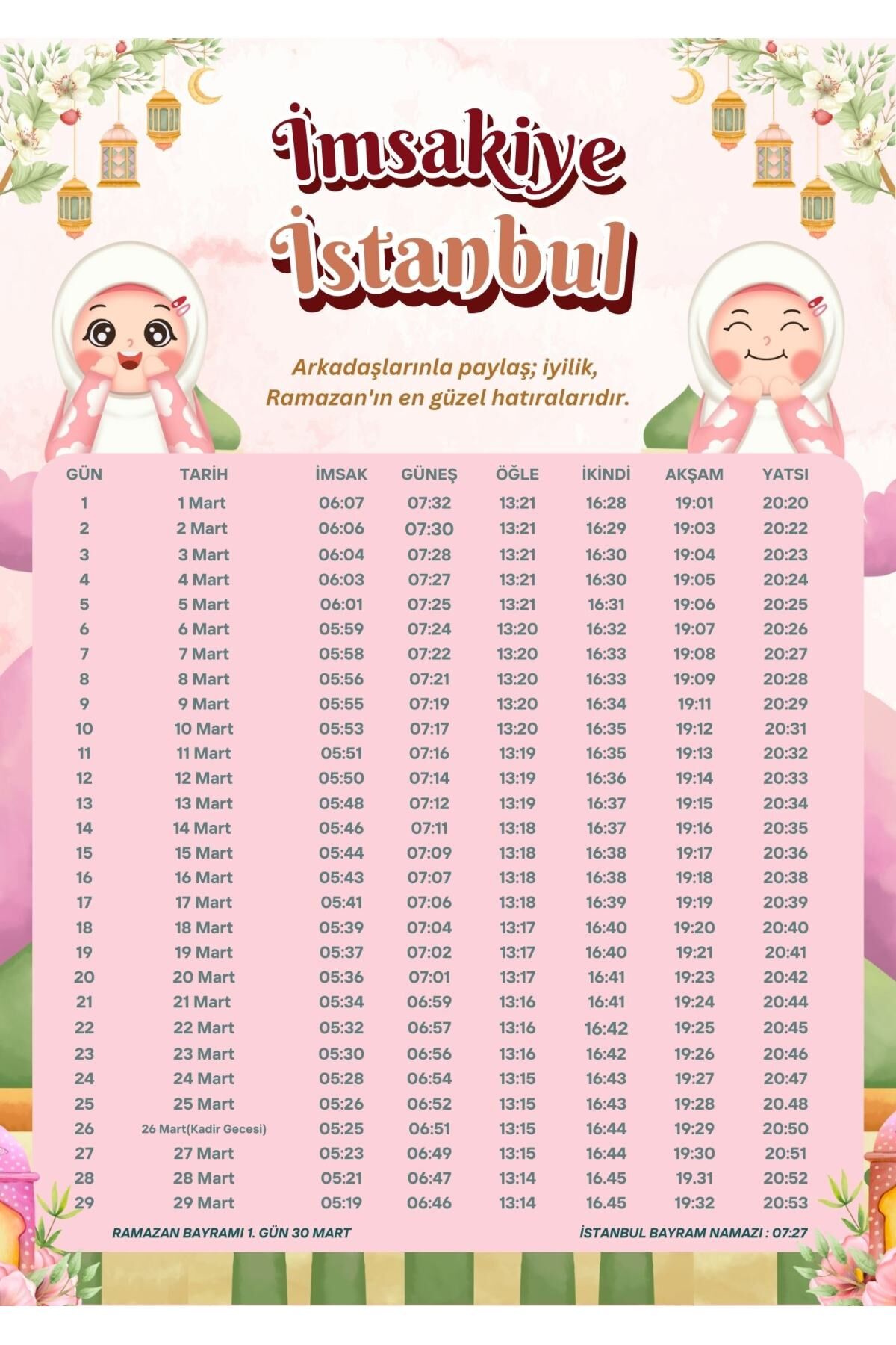 Ramazan İmsakiyesi Modern Kişiye Özel Tasarımlı Dijital Baskı 1000 Adet A4 300 gr Model 44