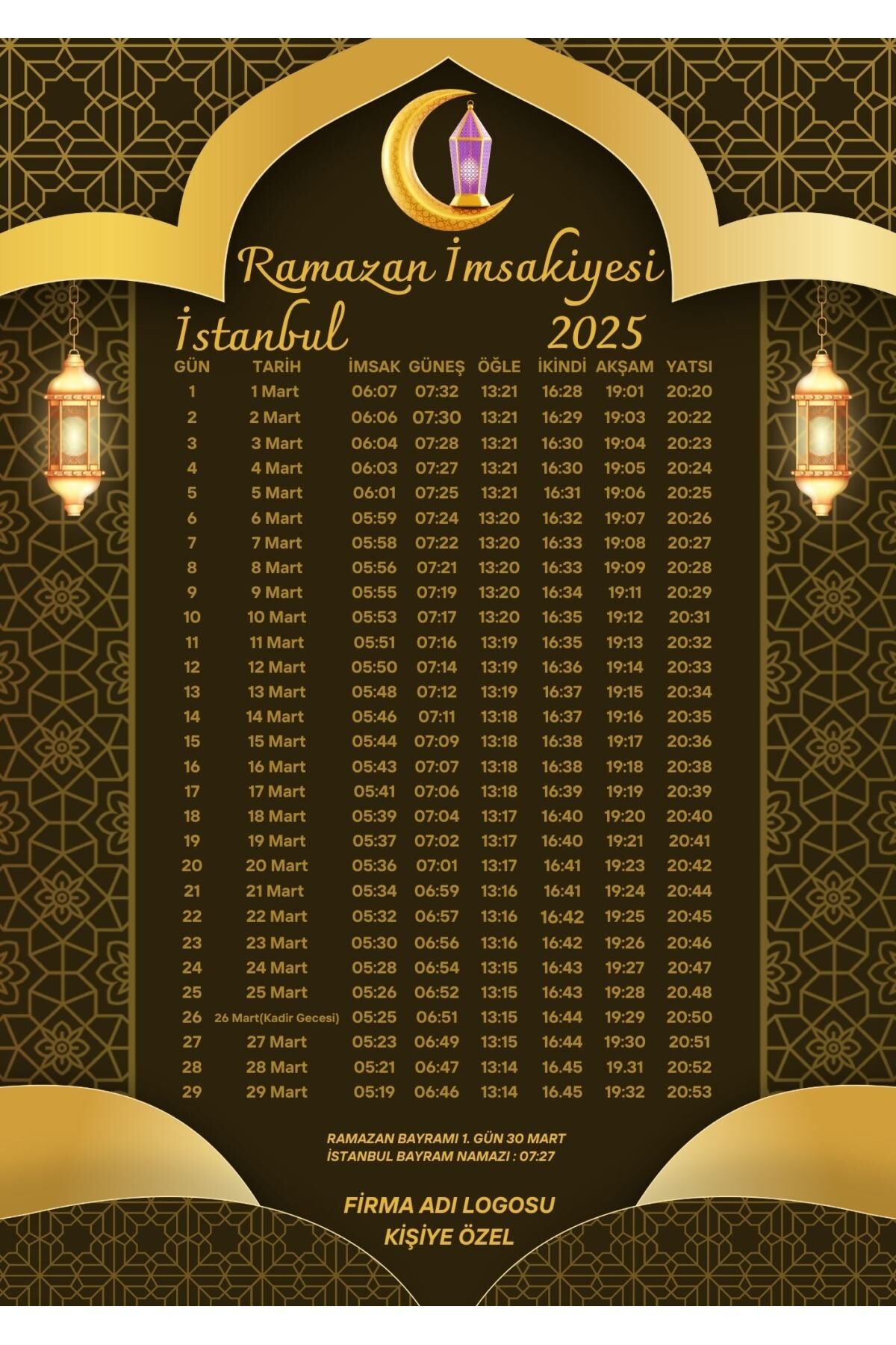 Ramazan İmsakiyesi Modern Kişiye Özel Tasarımlı Dijital Baskı 1000 Adet A4 300 gr Model 47