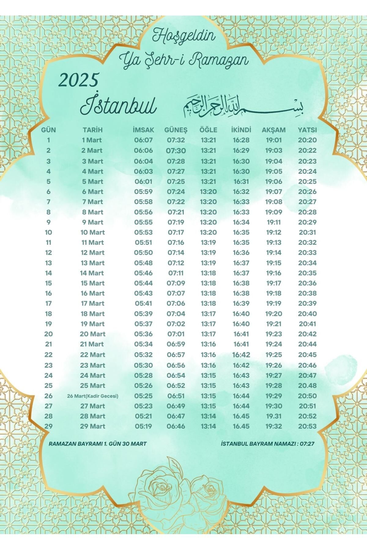 Ramazan İmsakiyesi Modern Kişiye Özel Tasarımlı Dijital Baskı 1000 Adet A4 300 gr Model 49