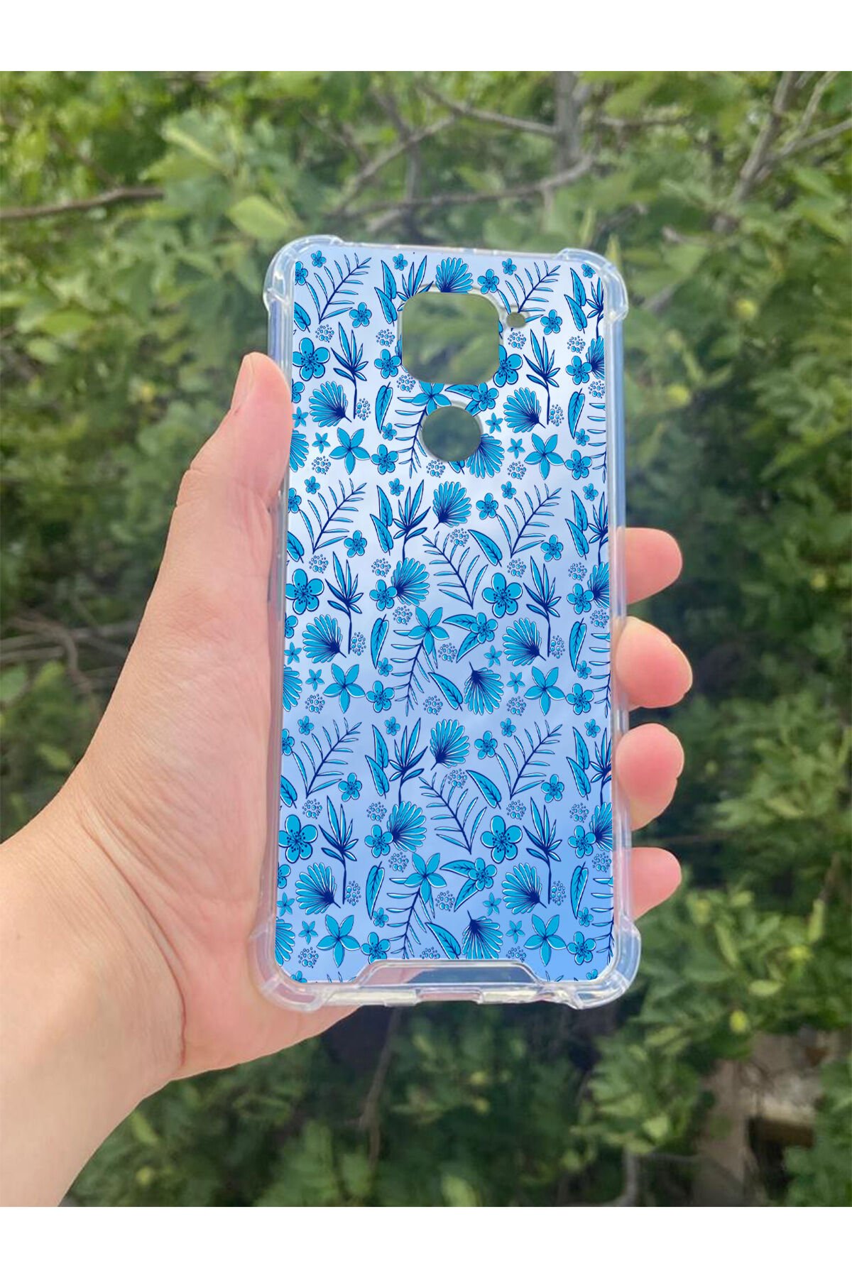 Xiaomi Redmi Note 9 Uyumlu Aynalı Mavi Çiçek Desenli Darbe Kamera Korumalı Silikon Telefon Kılıfı