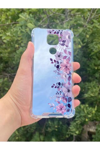 Xiaomi Redmi Note 9 Uyumlu Aynalı Mor Çiçek Desenli Darbe Kamera Korumalı Silikon Telefon Kılıfı