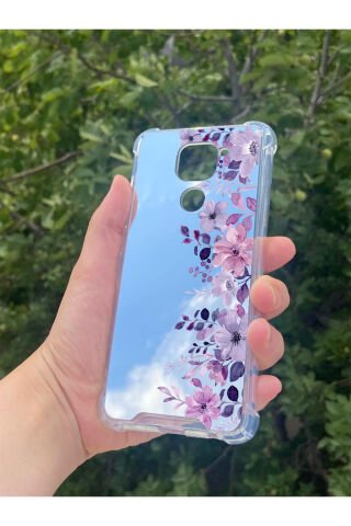 Xiaomi Redmi Note 9 Uyumlu Aynalı Mor Çiçek Desenli Darbe Kamera Korumalı Silikon Telefon Kılıfı