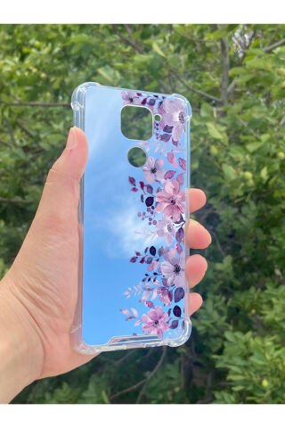 Xiaomi Redmi Note 9 Uyumlu Aynalı Mor Çiçek Desenli Darbe Kamera Korumalı Silikon Telefon Kılıfı