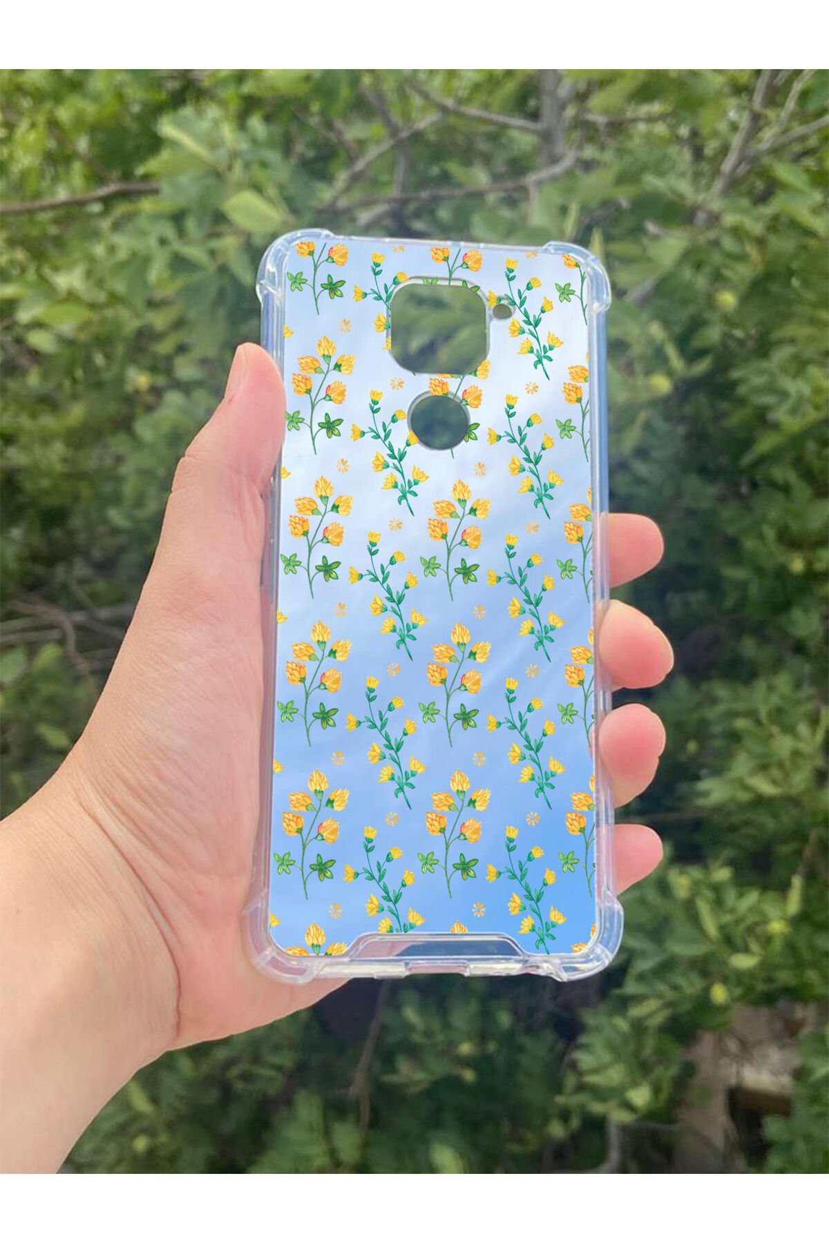 Xiaomi Redmi Note 9 Uyumlu Aynalı Sarı Çiçek Desenli Darbe Kamera Korumalı Silikon Telefon Kılıfı