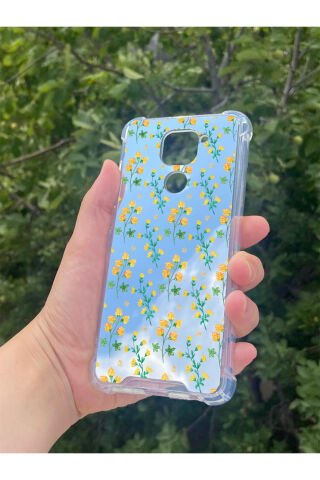Xiaomi Redmi Note 9 Uyumlu Aynalı Sarı Çiçek Desenli Darbe Kamera Korumalı Silikon Telefon Kılıfı