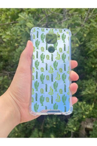 Xiaomi Redmi Note 9 Uyumlu Aynalı Ağaç Kaktüs Desenli Darbe Kamera Korumalı Silikon Telefon Kılıfı