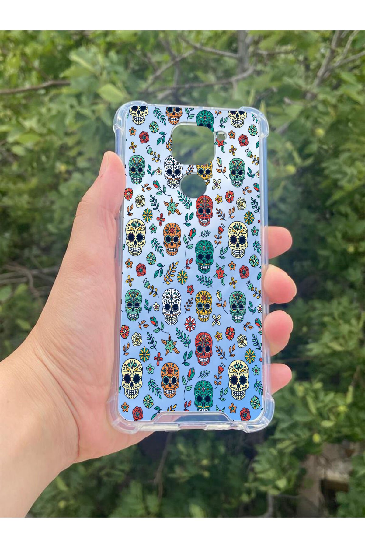 Xiaomi Redmi Note 9 Uyumlu Aynalı Kuru Kafa Desenli Darbe Kamera Korumalı Silikon Telefon Kılıfı