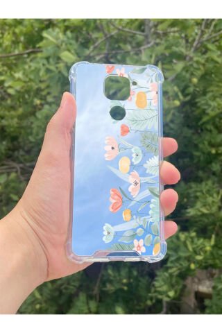 Xiaomi Redmi Note 9 Uyumlu Aynalı Lale Desenli Darbe Kamera Korumalı Silikon Telefon Kılıfı