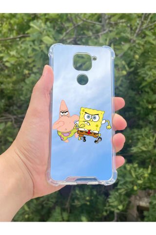 Xiaomi Redmi Note 9 Uyumlu Aynalı Sünger Bob Desenli Darbe Kamera Korumalı Silikon Telefon Kılıfı