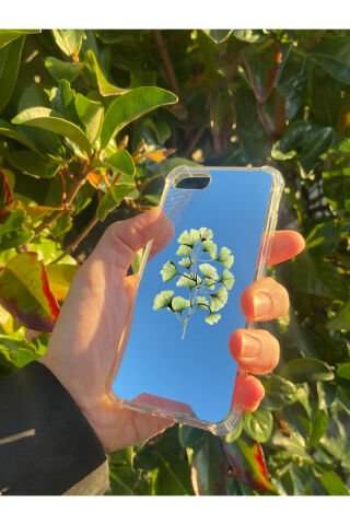 İphone SE 2020 Uyumlu Aynalı Ginkgo Yaprak Desenli Darbe Kamera Korumalı Silikon Telefon Kılıfı