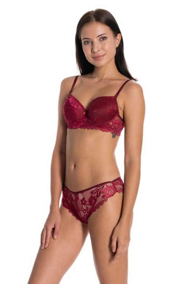 Dolgulu Full Dantelli Sütyen Takımı Bordo
