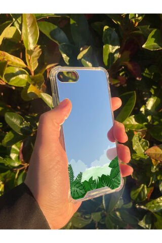 İphone SE 2020 Uyumlu Aynalı Yaprak Desenli Darbe Kamera Korumalı Silikon Telefon Kılıfı
