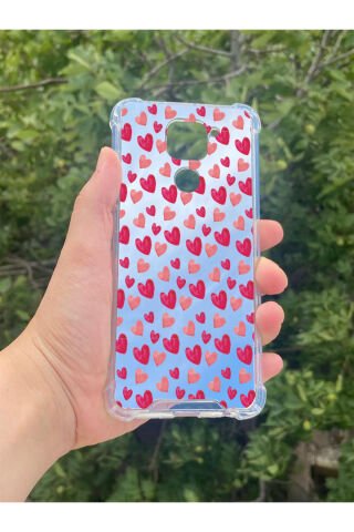 Xiaomi Redmi Note 9 Uyumlu Aynalı Pembe Kalp Desenli Darbe Kamera Korumalı Silikon Telefon Kılıfı
