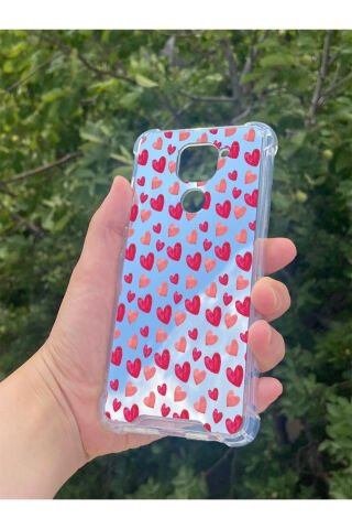 Xiaomi Redmi Note 9 Uyumlu Aynalı Pembe Kalp Desenli Darbe Kamera Korumalı Silikon Telefon Kılıfı