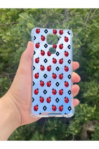 Xiaomi Redmi Note 9 Uyumlu Aynalı Uğur Böceği Desenli Darbe Kamera Korumalı Silikon Telefon Kılıfı