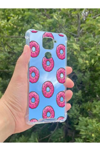 Xiaomi Redmi Note 9 Uyumlu Aynalı Pembe Donut Desenli Darbe Kamera Korumalı Silikon Telefon Kılıfı