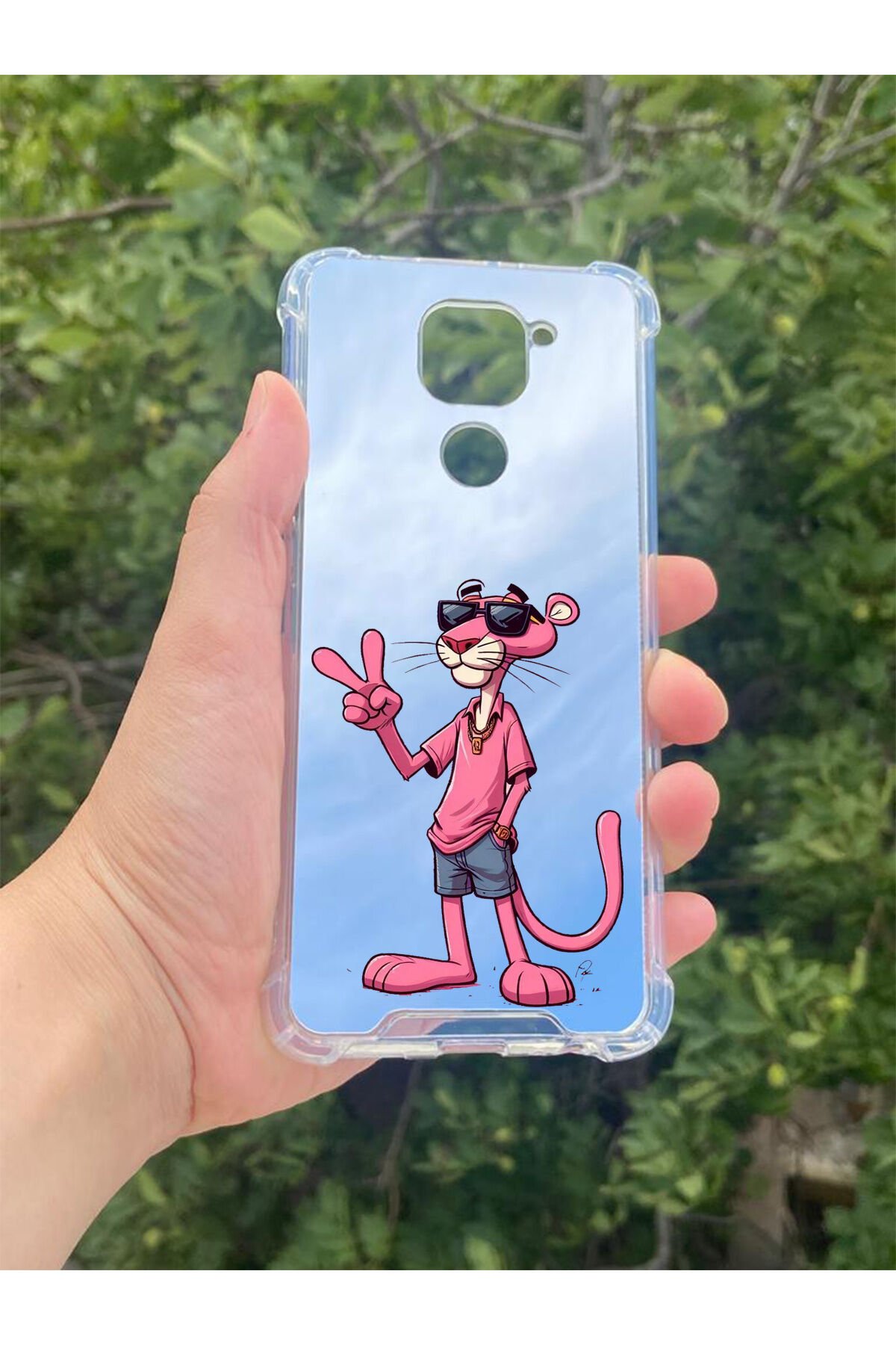 Xiaomi Redmi Note 9 Uyumlu Aynalı Pembe Panter Desenli Darbe Kamera Korumalı Silikon Telefon Kılıfı