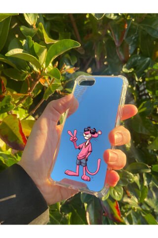 İphone SE 2020 Uyumlu Aynalı Pembe Panter Desenli Darbe Kamera Korumalı Silikon Telefon Kılıfı