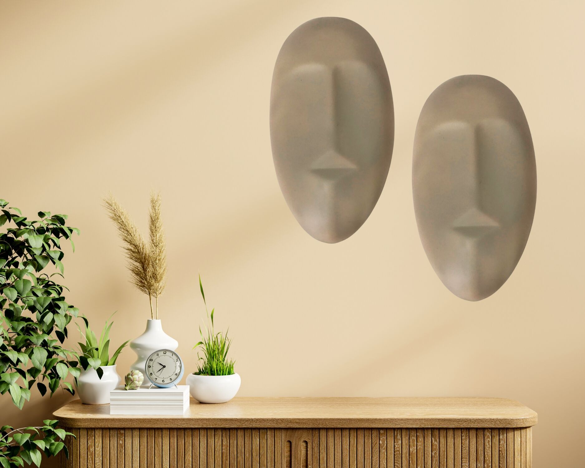Sürreal Mask Duvar Dekorasyon 2’li Bej - 30x17 cm ve  Bej - 20x11 cm
