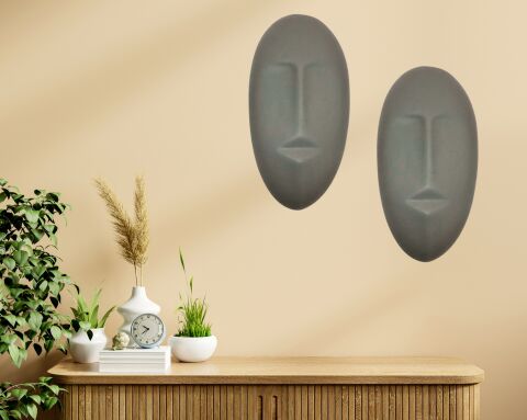 Sürreal Mask Duvar Dekorasyon 2’li Gri - 30x17 cm