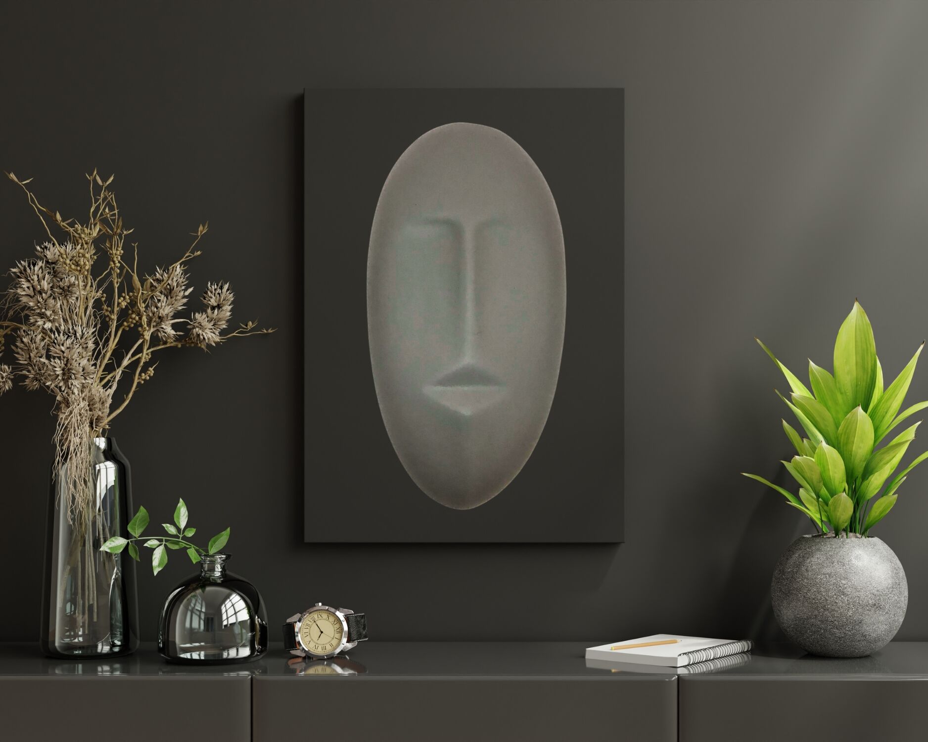 Sürreal Mask Duvar Dekorasyon Tekli Gri - 20x11 cm