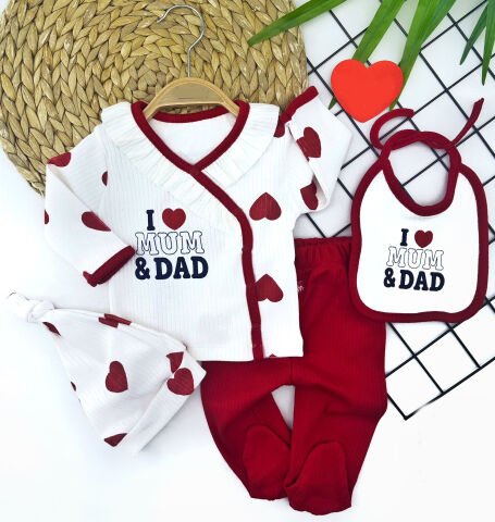 0-3 Ay I Love Mum&dad Yazılı Kalp Baskılı Ölüklü Ve Şapkalı 4lü Hastane Çıkışı Kız Erkek Bebek Takımı