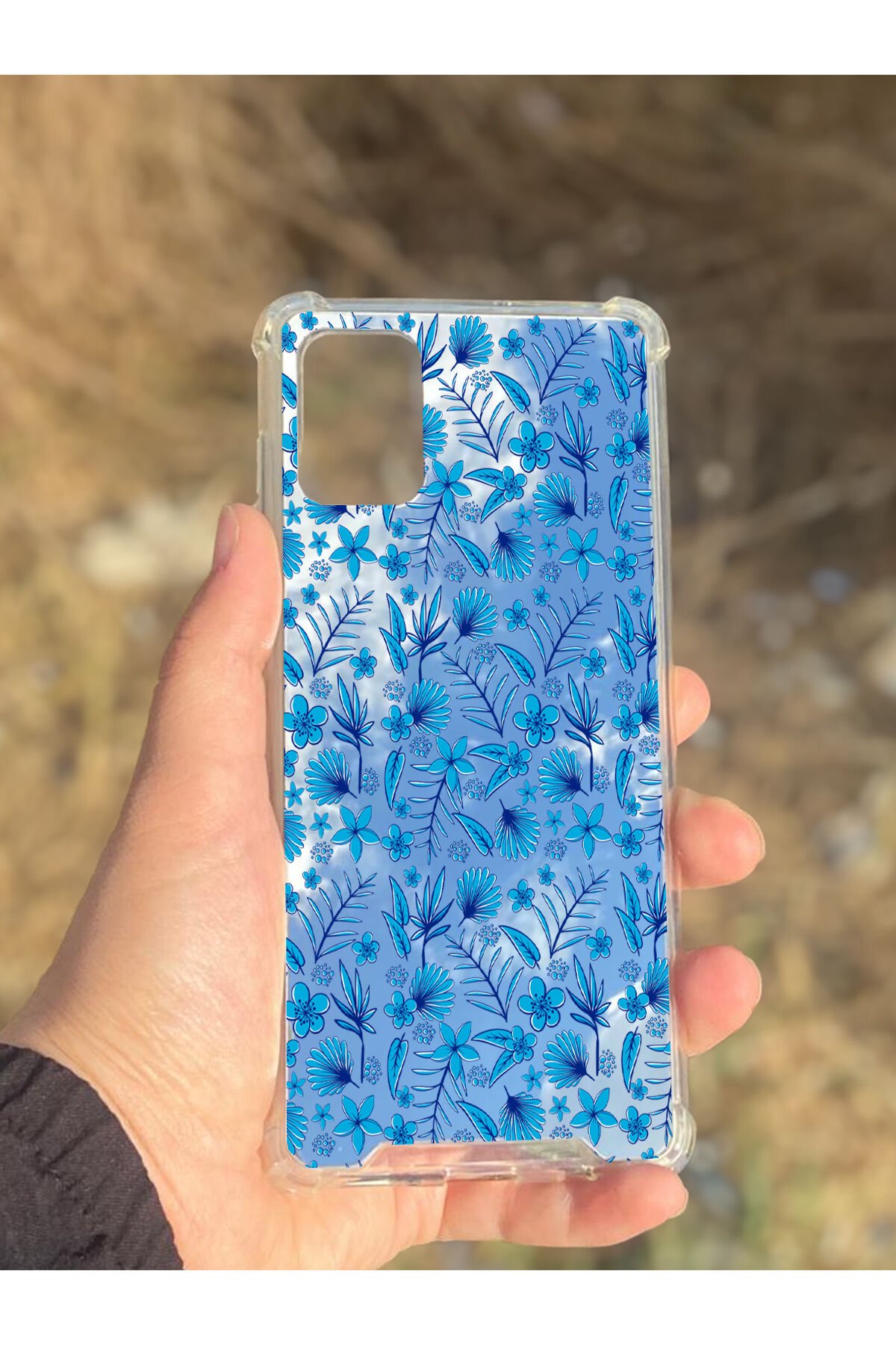 Samsung Galaxy A71 Uyumlu Aynalı Mavi Çiçek Desenli Darbe Kamera Korumalı Silikon Telefon Kılıfı