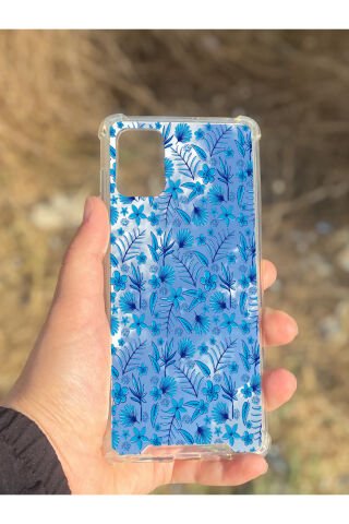 Samsung Galaxy A71 Uyumlu Aynalı Mavi Çiçek Desenli Darbe Kamera Korumalı Silikon Telefon Kılıfı