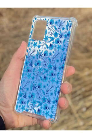 Samsung Galaxy A71 Uyumlu Aynalı Mavi Çiçek Desenli Darbe Kamera Korumalı Silikon Telefon Kılıfı
