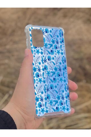 Samsung Galaxy A71 Uyumlu Aynalı Mavi Çiçek Desenli Darbe Kamera Korumalı Silikon Telefon Kılıfı