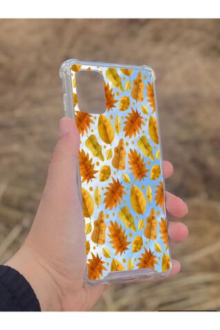 Samsung Galaxy A71 Uyumlu Aynalı Kahve Yaprak Desenli Darbe Kamera Korumalı Silikon Telefon Kılıfı