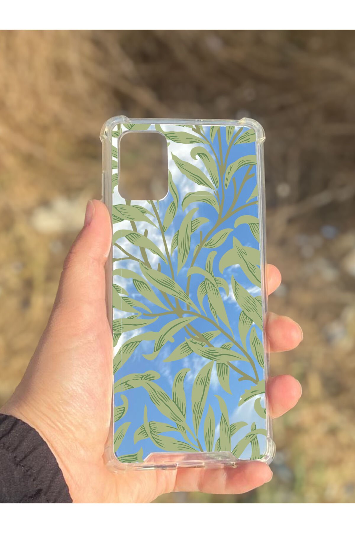 Samsung Galaxy A71 Uyumlu Aynalı Yeşil Yaprak Desenli Darbe Kamera Korumalı Silikon Telefon Kılıfı