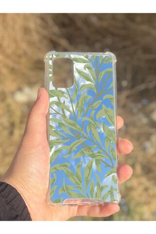 Samsung Galaxy A71 Uyumlu Aynalı Yeşil Yaprak Desenli Darbe Kamera Korumalı Silikon Telefon Kılıfı