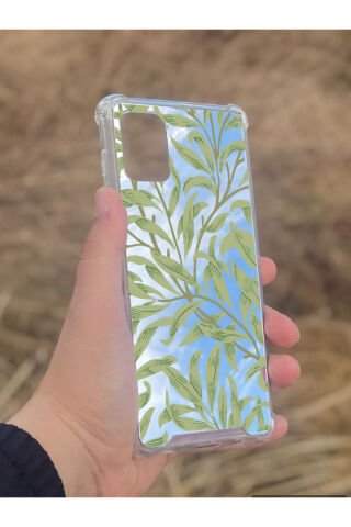 Samsung Galaxy A71 Uyumlu Aynalı Yeşil Yaprak Desenli Darbe Kamera Korumalı Silikon Telefon Kılıfı