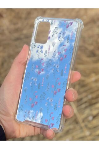 Samsung Galaxy A71 Uyumlu Aynalı Mor Çiçek Desenli Darbe Kamera Korumalı Silikon Telefon Kılıfı