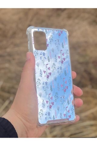 Samsung Galaxy A71 Uyumlu Aynalı Mor Çiçek Desenli Darbe Kamera Korumalı Silikon Telefon Kılıfı