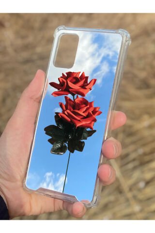 Samsung Galaxy A71 Uyumlu Aynalı Gül Desenli Darbe Kamera Korumalı Silikon Telefon Kılıfı