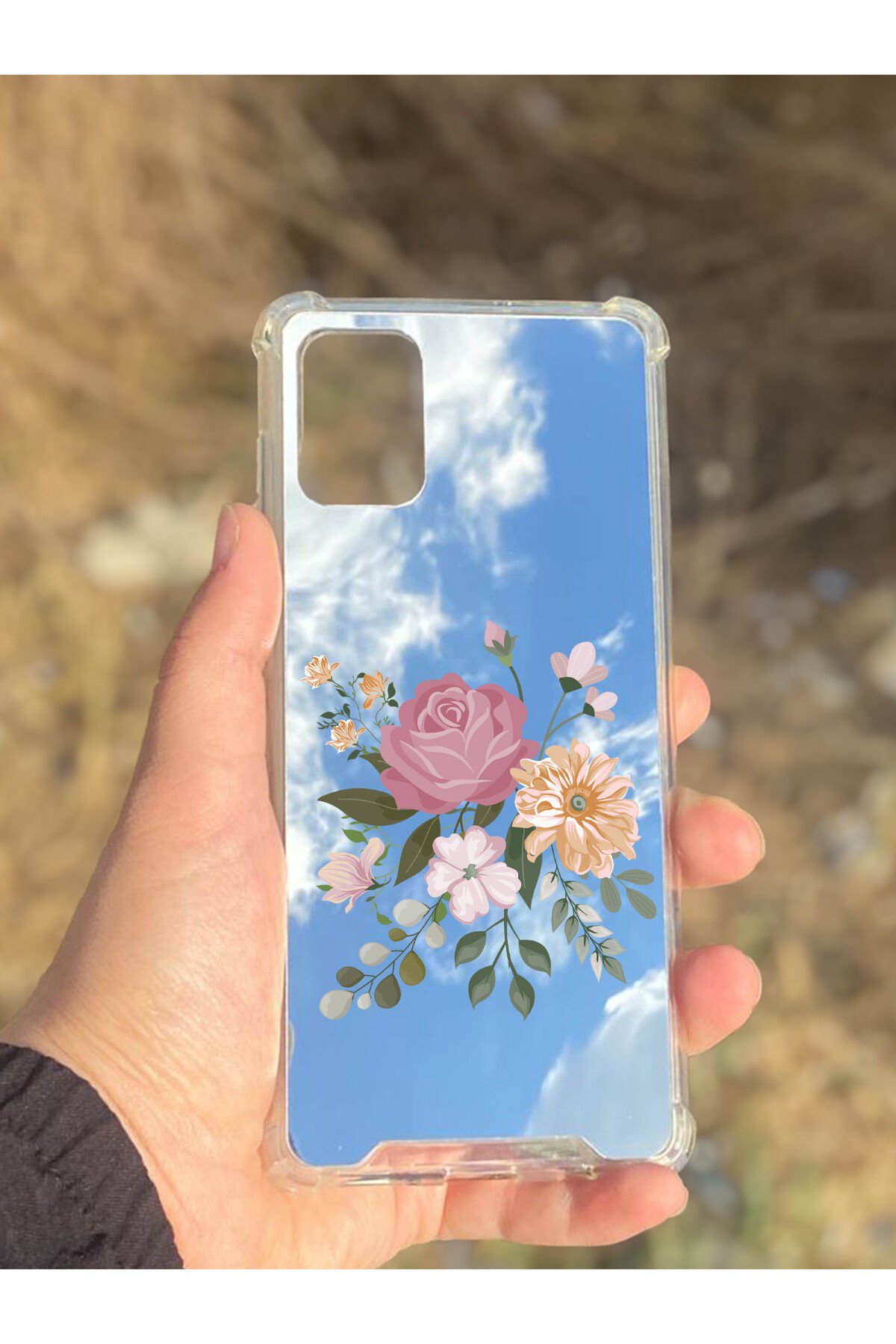 Samsung Galaxy A71 Uyumlu Aynalı Pembe Gül Desenli Darbe Kamera Korumalı Silikon Telefon Kılıfı