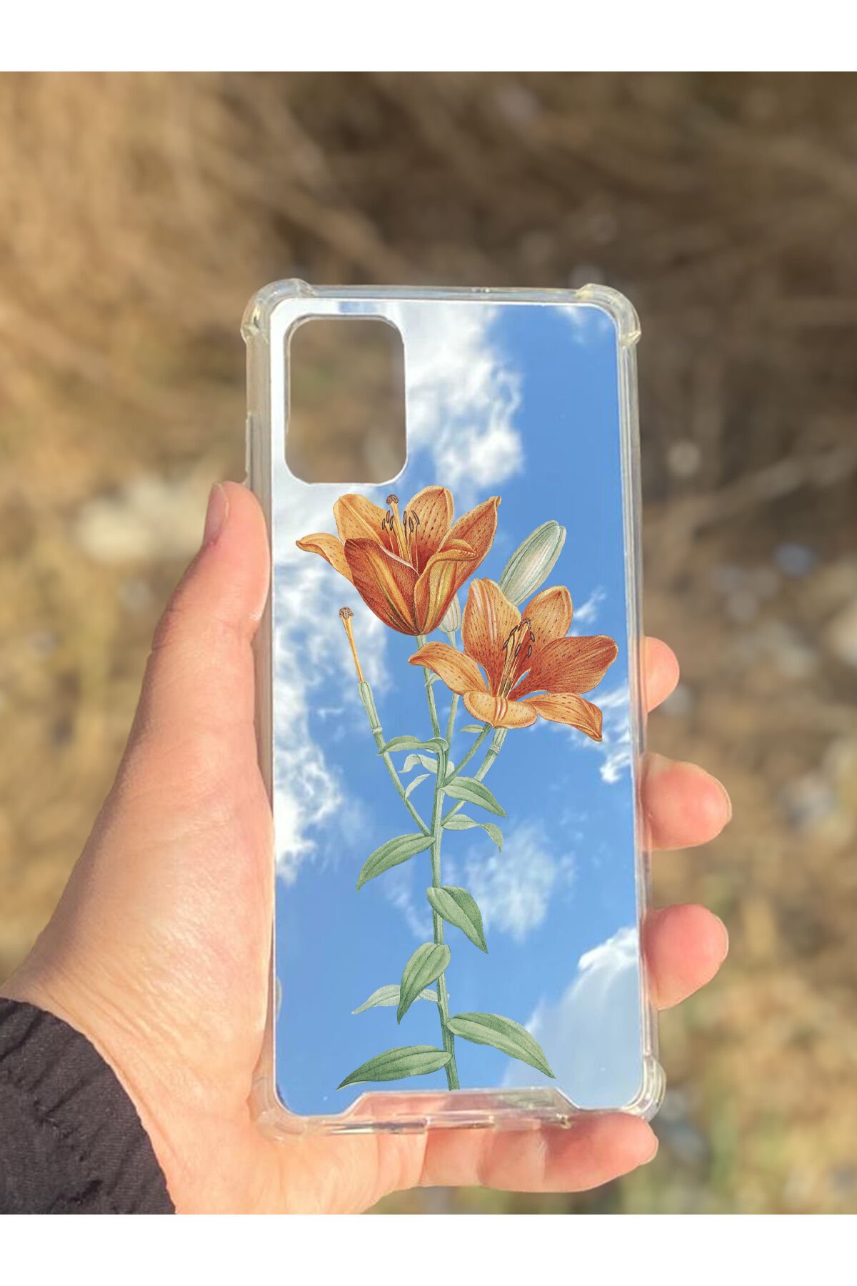 Samsung Galaxy A71 Uyumlu Aynalı Lale Desenli Darbe Kamera Korumalı Silikon Telefon Kılıfı