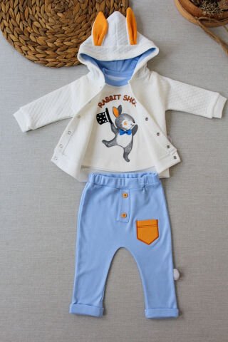 6-9-12 Ay Rabbit Şhow Nakışlı Kapşonlu Ceket Uzun Kollu Sweat Erkek Bebek 3lü Takım
