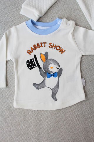 6-9-12 Ay Rabbit Şhow Nakışlı Kapşonlu Ceket Uzun Kollu Sweat Erkek Bebek 3lü Takım