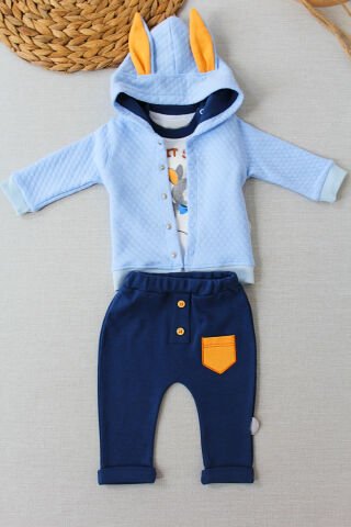 6-9-12 Ay Rabbit Şhow Nakışlı Kapşonlu Ceket Uzun Kollu Sweat Erkek Bebek 3lü Takım