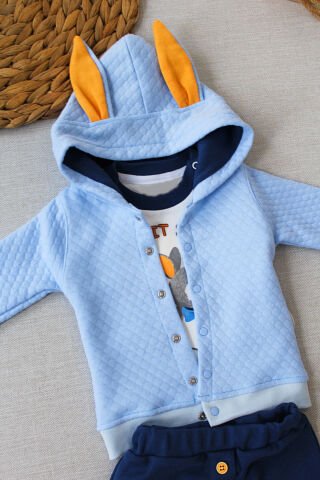 6-9-12 Ay Rabbit Şhow Nakışlı Kapşonlu Ceket Uzun Kollu Sweat Erkek Bebek 3lü Takım
